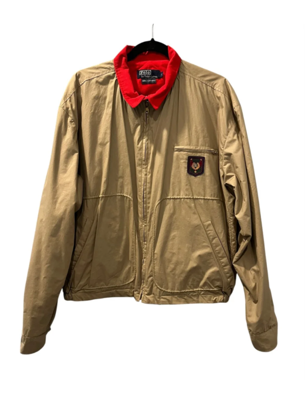 Vintage 80s Polo Ralph Lauren Uni Crest Harrington Drizzler Jacket Khaki Red L